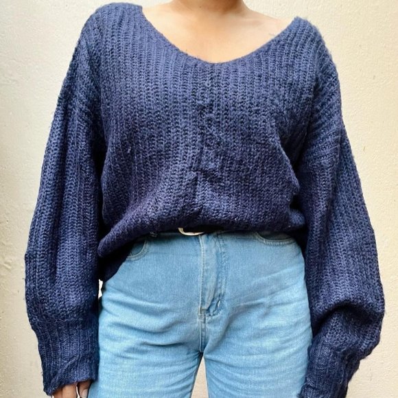 Sweaters - Blue Knit Cropped Drop Shoulder Sweater